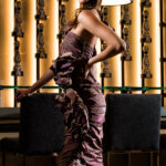 Fashion model wearing an evening gown photographed with high-contrast lighting.